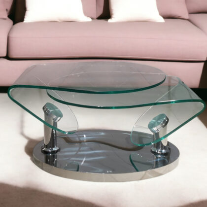30" Clear And Silver Glass And Metal Oval Abstract Coffee Table