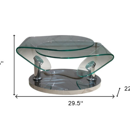 30" Clear And Silver Glass And Metal Oval Abstract Coffee Table