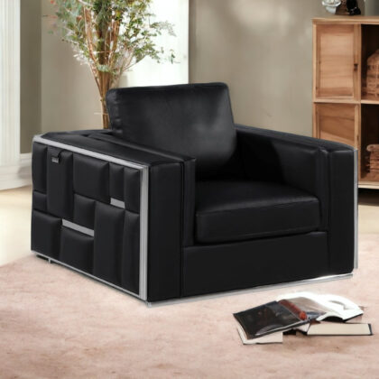 47" Black And Silver Top Grain Leather Club Chair