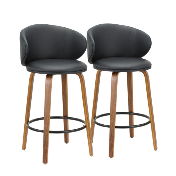 Set of Two 26" Black and Brown Faux Leather and Solid Wood Low Back Counter Height Bar Chairs