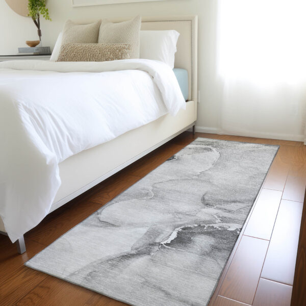 8' Runner Gray and Ivory Abstract Washable Non Skid Indoor Outdoor Runner Rug