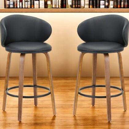 Set of Two 26" Black and Brown Faux Leather and Solid Wood Low Back Counter Height Bar Chairs