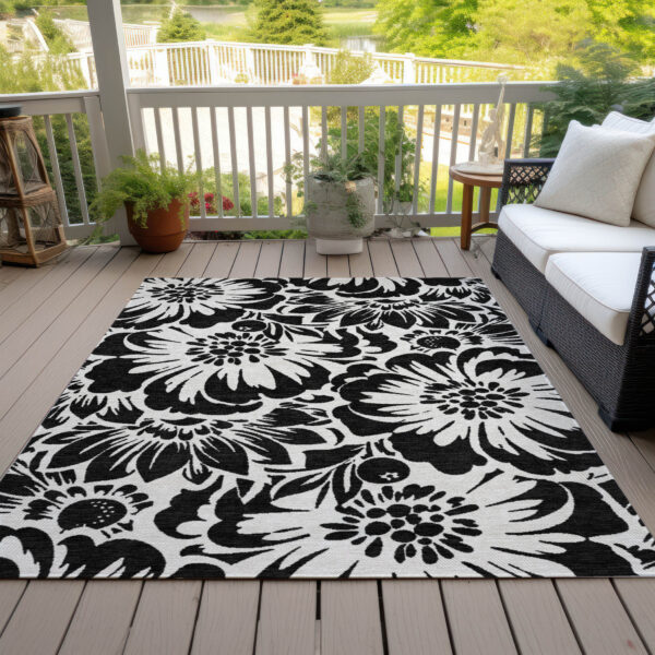10' X 14' Black and Ivory Floral Washable Non Skid Indoor Outdoor Area Rug