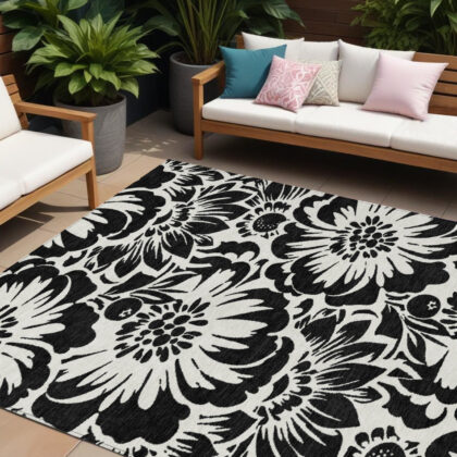 10' X 14' Black and Ivory Floral Washable Non Skid Indoor Outdoor Area Rug