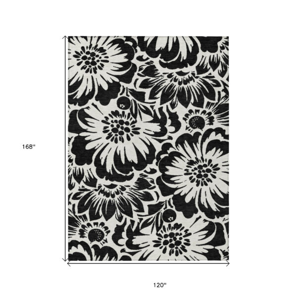 10' X 14' Black and Ivory Floral Washable Non Skid Indoor Outdoor Area Rug
