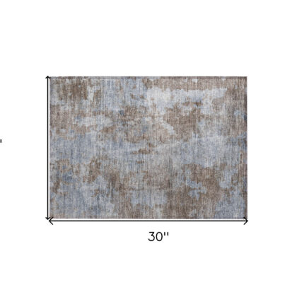 2' X 3' Mocha and Blue Abstract Washable Non Skid Indoor Outdoor Area Rug