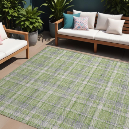 8' X 10' Green and Gray Plaid Washable Non Skid Indoor Outdoor Area Rug