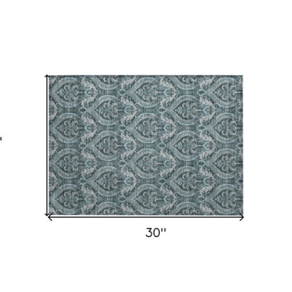 2' X 3' Teal Damask Washable Non Skid Indoor Outdoor Area Rug