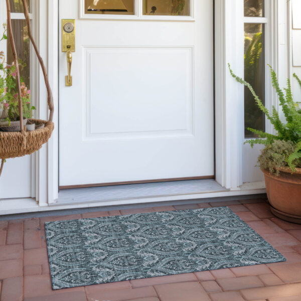 2' X 3' Teal Damask Washable Non Skid Indoor Outdoor Area Rug