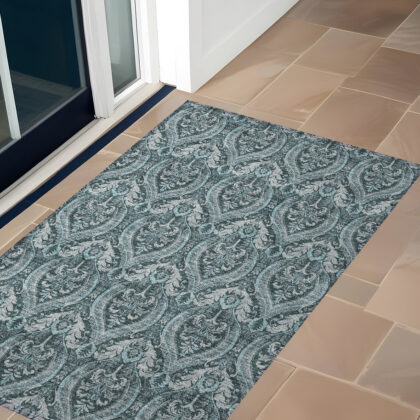 2' X 3' Teal Damask Washable Non Skid Indoor Outdoor Area Rug