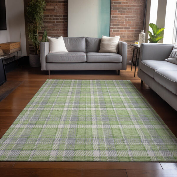 8' X 10' Green and Gray Plaid Washable Non Skid Indoor Outdoor Area Rug
