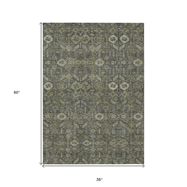 3' X 5' Moss Green and Gray Floral Washable Non Skid Indoor Outdoor Area Rug