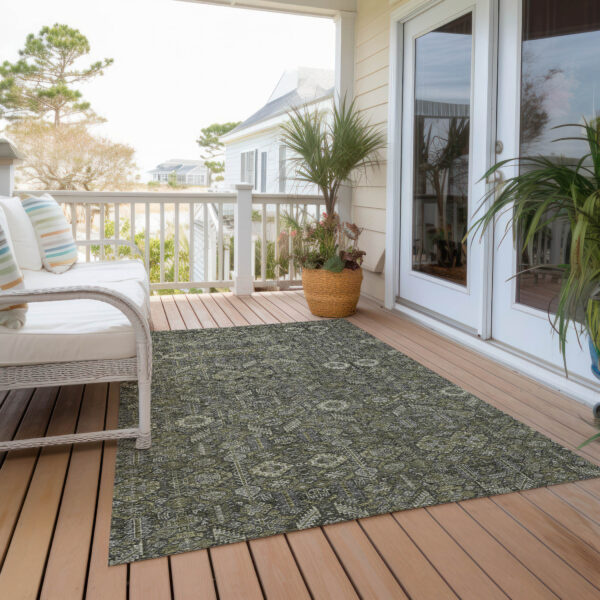 3' X 5' Moss Green and Gray Floral Washable Non Skid Indoor Outdoor Area Rug