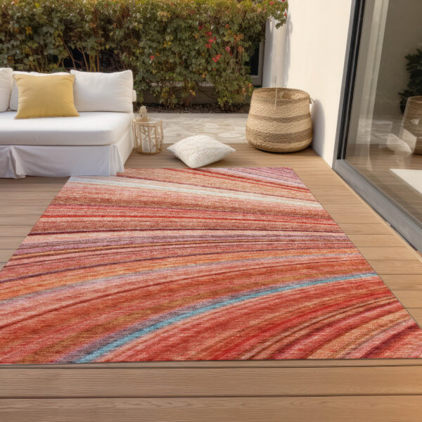 9' X 12' Terra Cotta Salmon And Orange Striped Washable Indoor Outdoor Area Rug