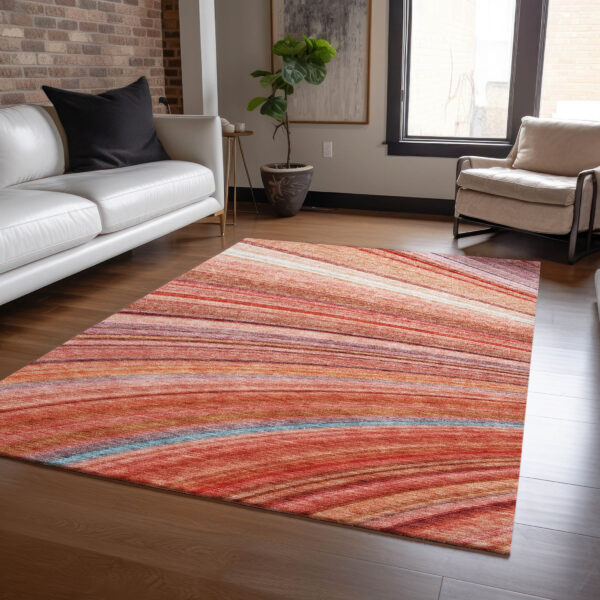 9' X 12' Terra Cotta Salmon And Orange Striped Washable Indoor Outdoor Area Rug