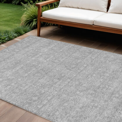 10' X 14' Gray Silver And Ivory Floral Washable Indoor Outdoor Area Rug