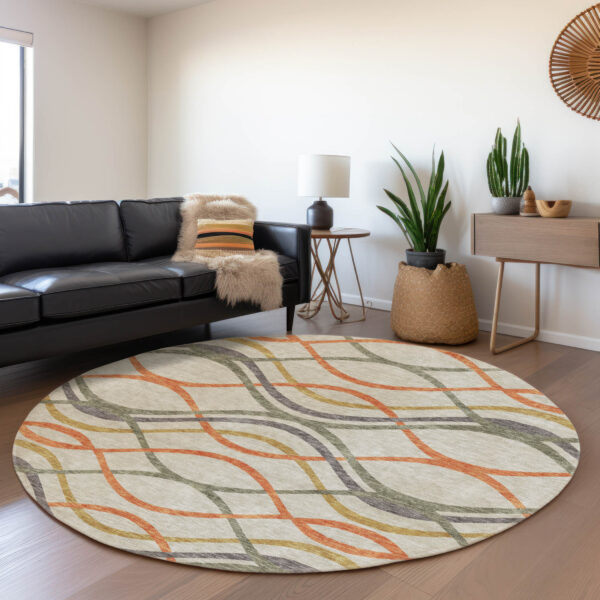 8' Orange Ivory And Gray Round Abstract Washable Indoor Outdoor Area Rug