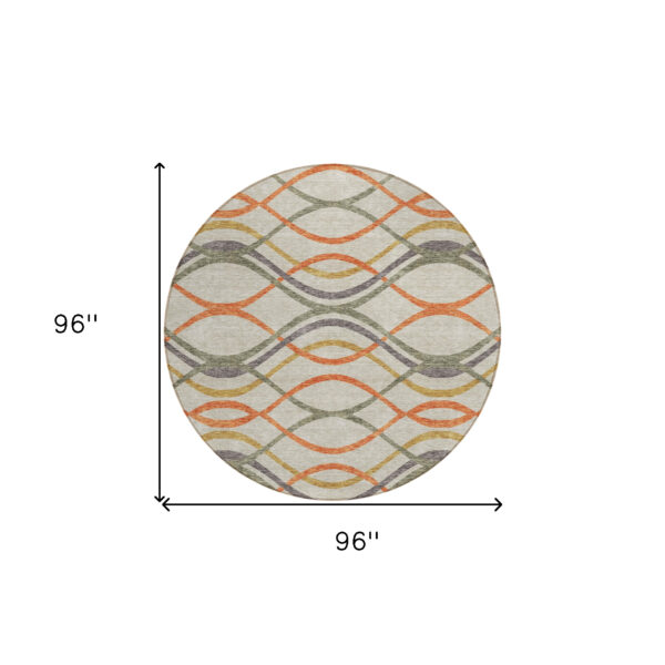 8' Orange Ivory And Gray Round Abstract Washable Indoor Outdoor Area Rug