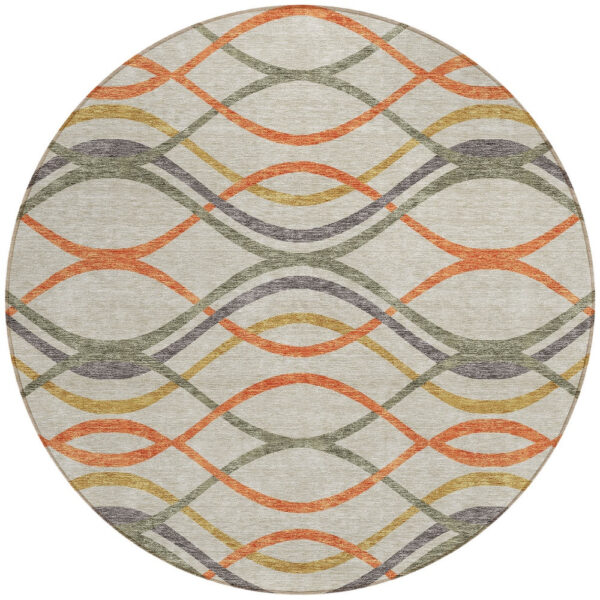 8' Orange Ivory And Gray Round Abstract Washable Indoor Outdoor Area Rug