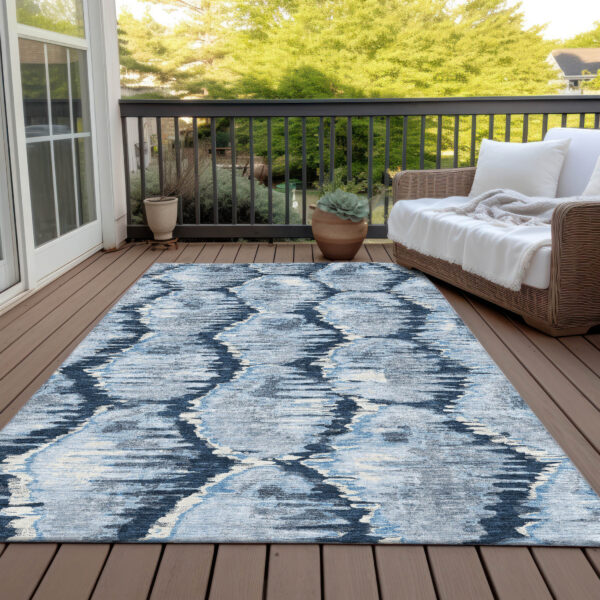 10' X 14' Navy Blue Sky Blue And Ivory Abstract Washable Indoor Outdoor Area Rug