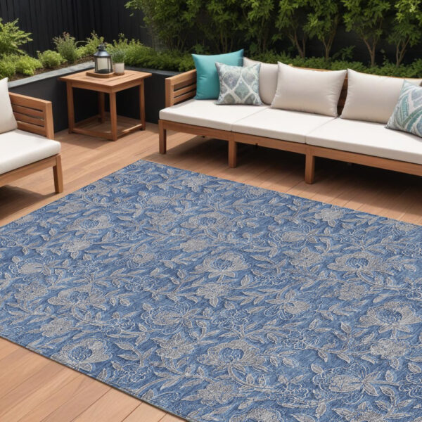 8' X 10' Denim Blue And Taupe Floral Washable Indoor Outdoor Area Rug