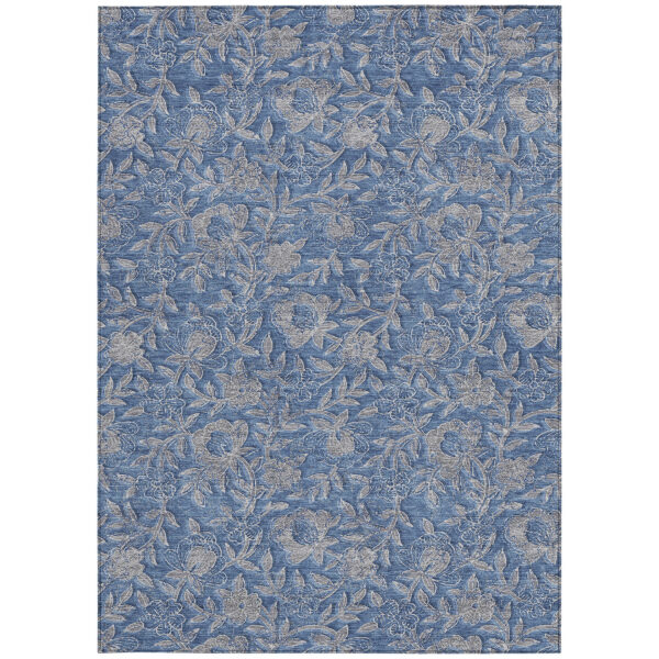 8' X 10' Denim Blue And Taupe Floral Washable Indoor Outdoor Area Rug