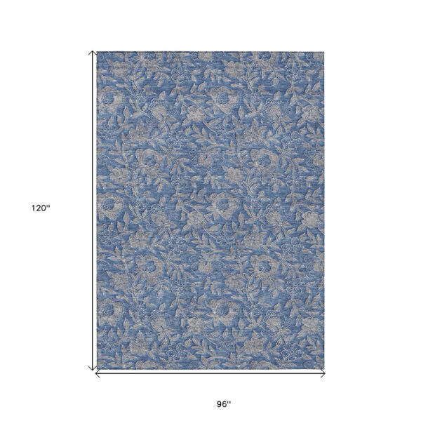 8' X 10' Denim Blue And Taupe Floral Washable Indoor Outdoor Area Rug
