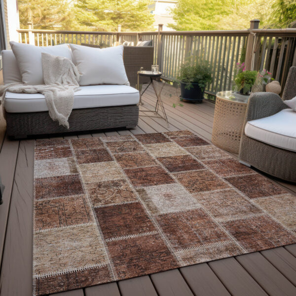 9' X 12' Orange Copper And Beige Patchwork Washable Indoor Outdoor Area Rug