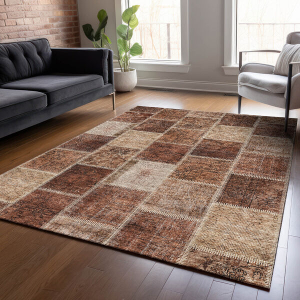 9' X 12' Orange Copper And Beige Patchwork Washable Indoor Outdoor Area Rug