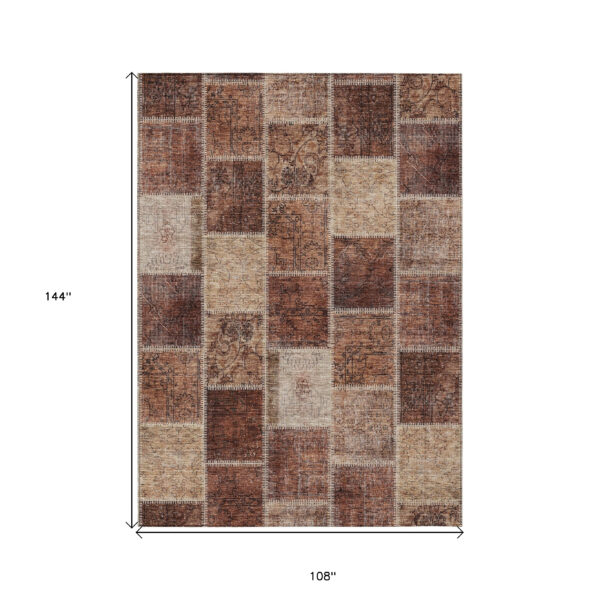 9' X 12' Orange Copper And Beige Patchwork Washable Indoor Outdoor Area Rug