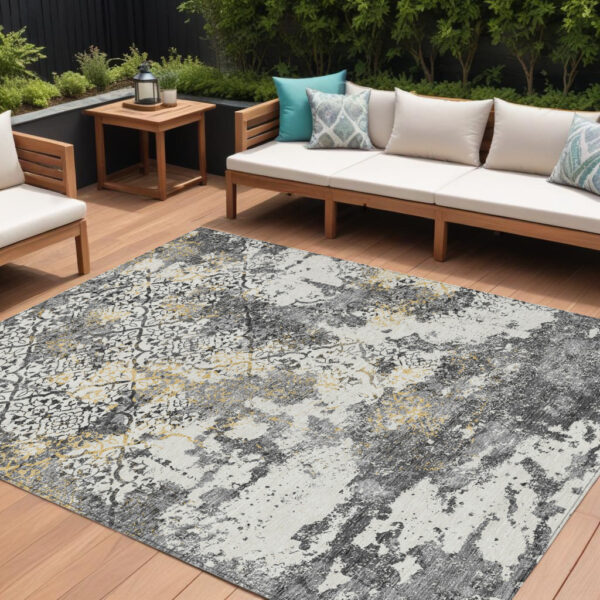 10' X 14' Charcoal Gray And Silver Floral Washable Indoor Outdoor Area Rug