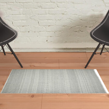 2' x 3' Gray and Ivory Geometric Flatweave Handmade Distressed Area Rug with Fringe