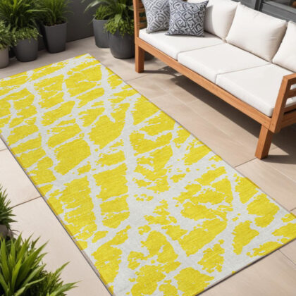 8' Runner Yellow and White Abstract Washable Non Skid Indoor Outdoor Runner Rug