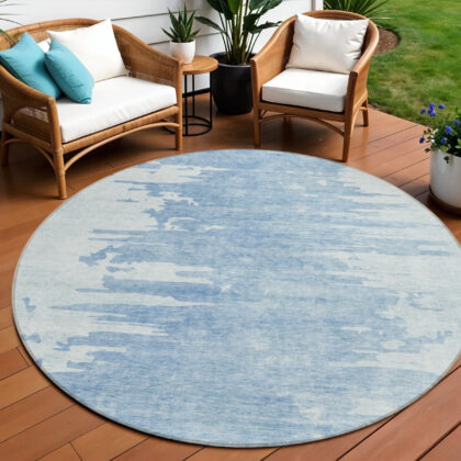 8' Sky Blue And Denim Blue Round Abstract Washable Indoor Outdoor Area Rug