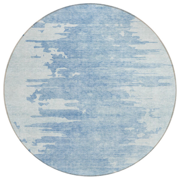 8' Sky Blue And Denim Blue Round Abstract Washable Indoor Outdoor Area Rug