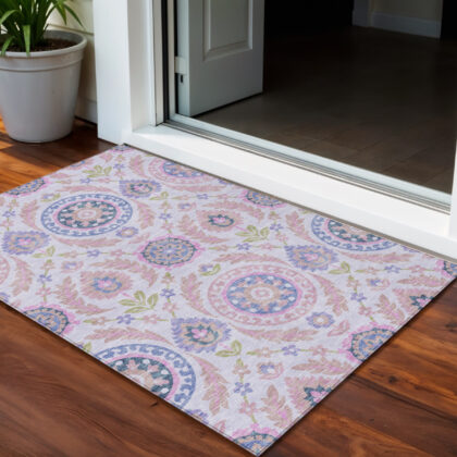 3' X 5' Blush Lavender And Purple Floral Washable Indoor Outdoor Area Rug