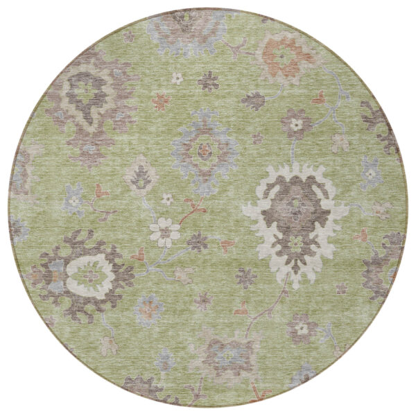 8' Artichoke Green And Beige Round Floral Washable Indoor Outdoor Area Rug