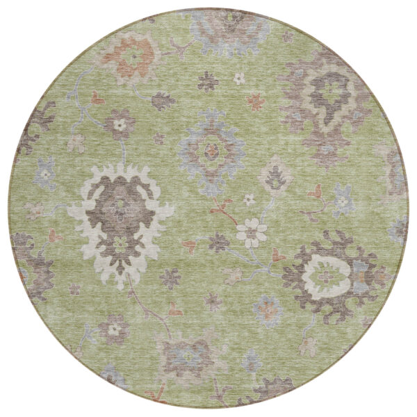 8' Artichoke Green And Beige Round Floral Washable Indoor Outdoor Area Rug