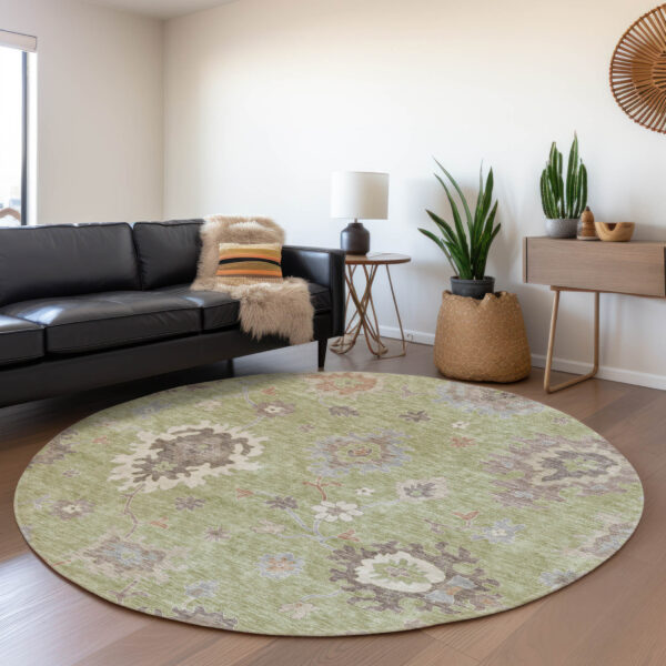 8' Artichoke Green And Beige Round Floral Washable Indoor Outdoor Area Rug