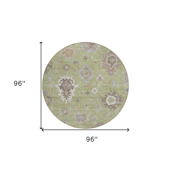 8' Artichoke Green And Beige Round Floral Washable Indoor Outdoor Area Rug