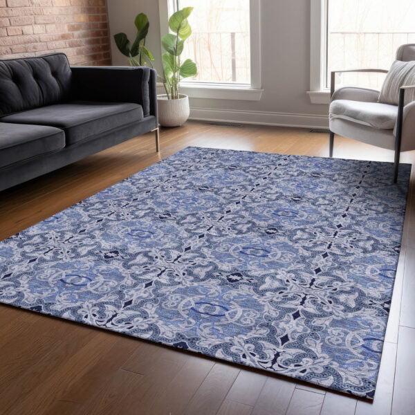 8' X 10' Navy Blue And Sky Blue Medallion Washable Indoor Outdoor Area Rug