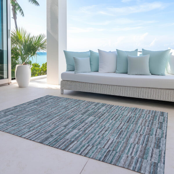 5' X 8' Teal Blue Aqua And Gray Striped Washable Indoor Outdoor Area Rug