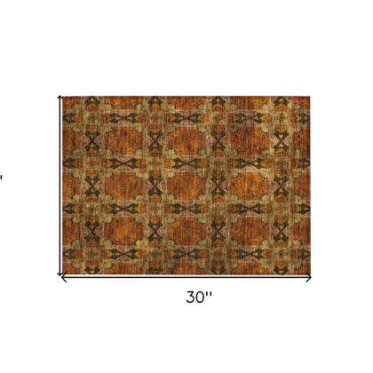2' X 3' Orange and Rust Floral Medallion Washable Non Skid Indoor Outdoor Area Rug