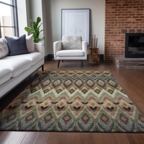 3' X 5' Taupe Olive Green And Beige Southwestern Washable Indoor Outdoor Area Rug