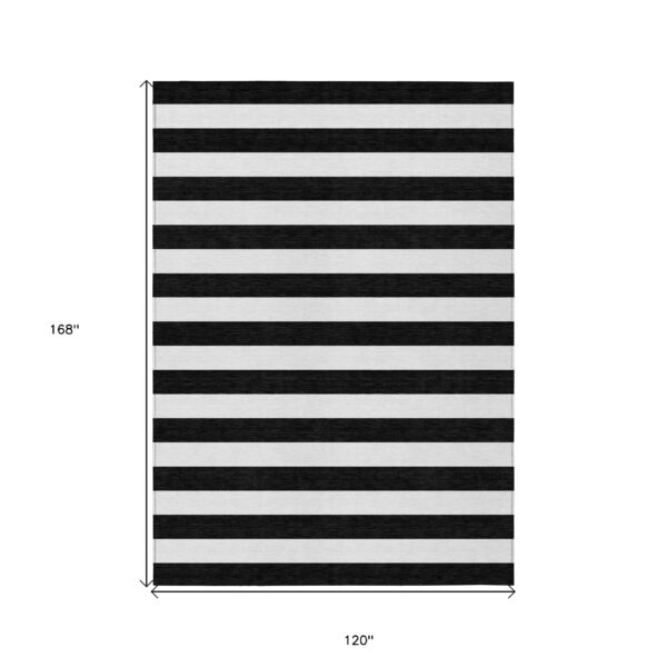 10' X 14' Black and White Striped Washable Non Skid Indoor Outdoor Area Rug