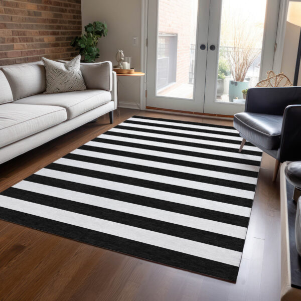 10' X 14' Black and White Striped Washable Non Skid Indoor Outdoor Area Rug