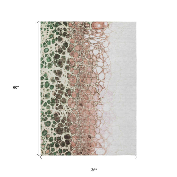 3' X 5' Salmon Green And Chocolate Abstract Washable Indoor Outdoor Area Rug