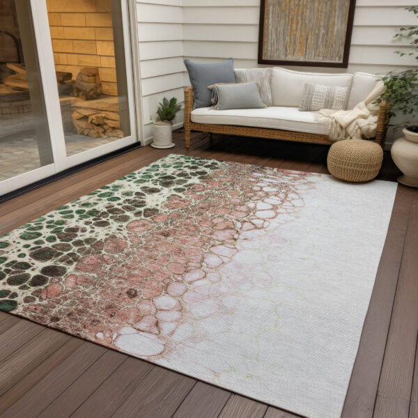 3' X 5' Salmon Green And Chocolate Abstract Washable Indoor Outdoor Area Rug