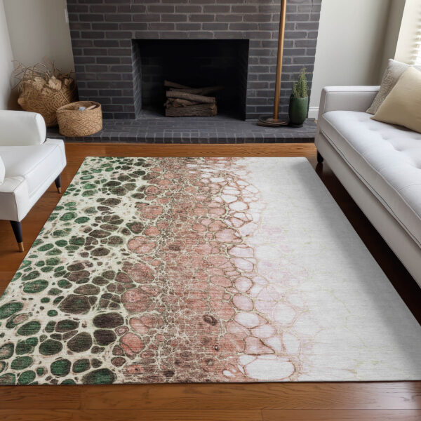 3' X 5' Salmon Green And Chocolate Abstract Washable Indoor Outdoor Area Rug