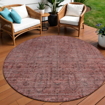 8' Orange And Copper Round Southwestern Washable Indoor Outdoor Area Rug